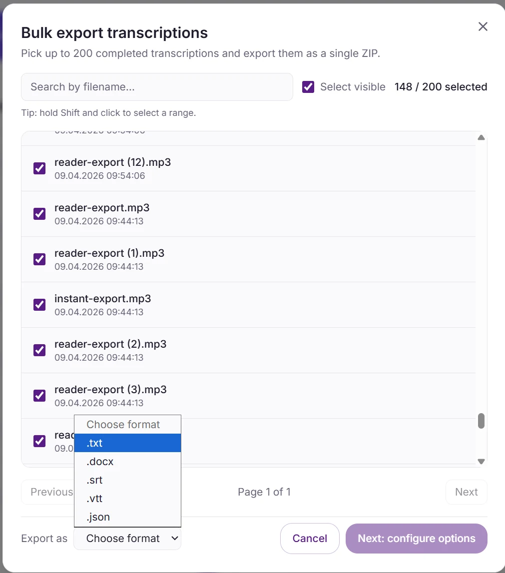 The bulk export dialog, headed pick up to 200 completed transcriptions and export them as a single ZIP. A counter reads 148 of 200 selected, with select-visible and shift-click range selection. The Export as dropdown is open showing five formats: .txt, .docx, .srt, .vtt and .json.